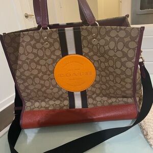 Coach Signature Dempsey Brown Tote w/ Orange and Burgundy Accents + Coach Charm!